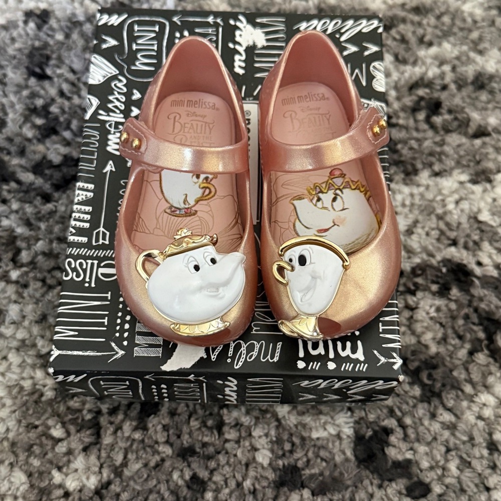 Mini Melissa Disney Beauty and the Beast Rose Gold Mrs Potts Chip Shoes 5